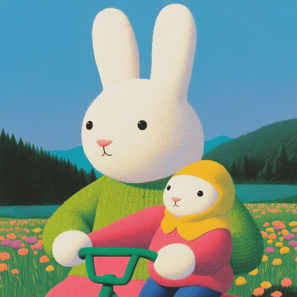 A large white rabbit wearing a green sweater sits on a tricycle with a smaller, yellow-hooded rabbit.  The scene is idyllic, set against a backdrop of a tranquil lake and a colorful flower field nestled amongst green hills under a clear blue sky.  The style is reminiscent of children's book illustration, with a textured, almost knitted appearance to the characters.