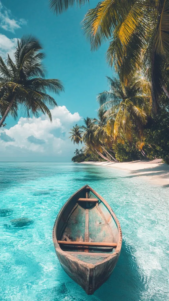 A weathered wooden rowboat floats in crystal-clear turquoise water, gently lapping against a pristine white sand beach. Lush, vibrant green palm trees sway in the tropical breeze under a partly cloudy sky.  The scene evokes a sense of tranquility and paradise, a secluded getaway in a picturesque island setting.