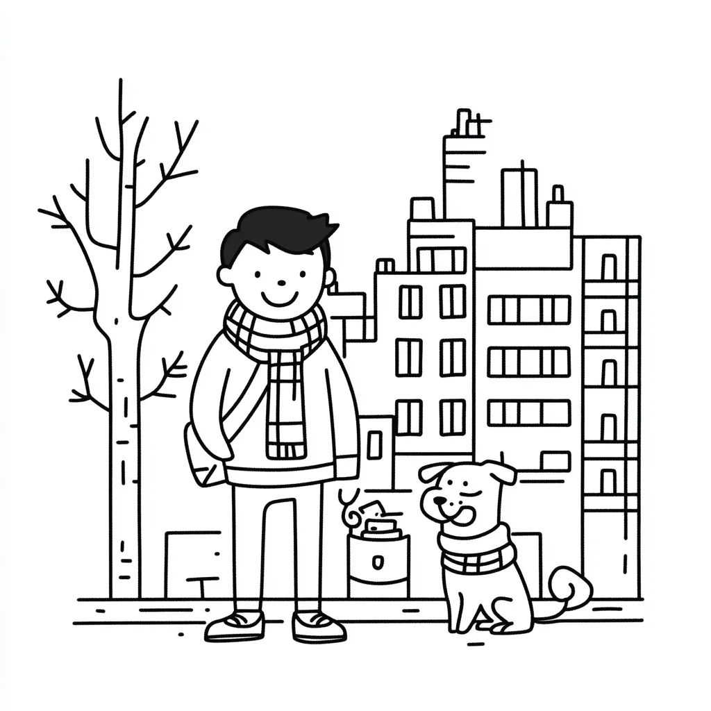 A line drawing depicts a man and his dog on a city street.  The man wears a scarf and carries a bag.  His pug wears a scarf too.  A bare tree stands nearby, and tall buildings form the backdrop. The simple style suggests a child's book illustration or a playful graphic.  The scene is peaceful and urban.