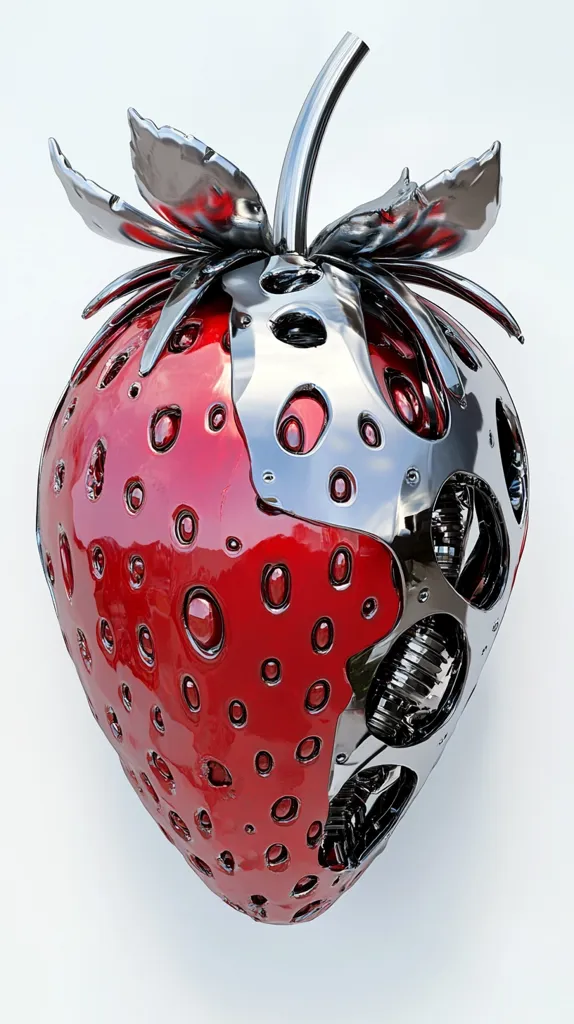 A striking 3D rendering showcases a strawberry with a unique design.  Its red, glossy surface is partially overlaid with a chrome-like exoskeleton, revealing a complex internal structure. The metallic leaves and stem add to its futuristic, almost robotic appearance.  The contrast between the organic form of the strawberry and the mechanical elements creates a captivating visual.
