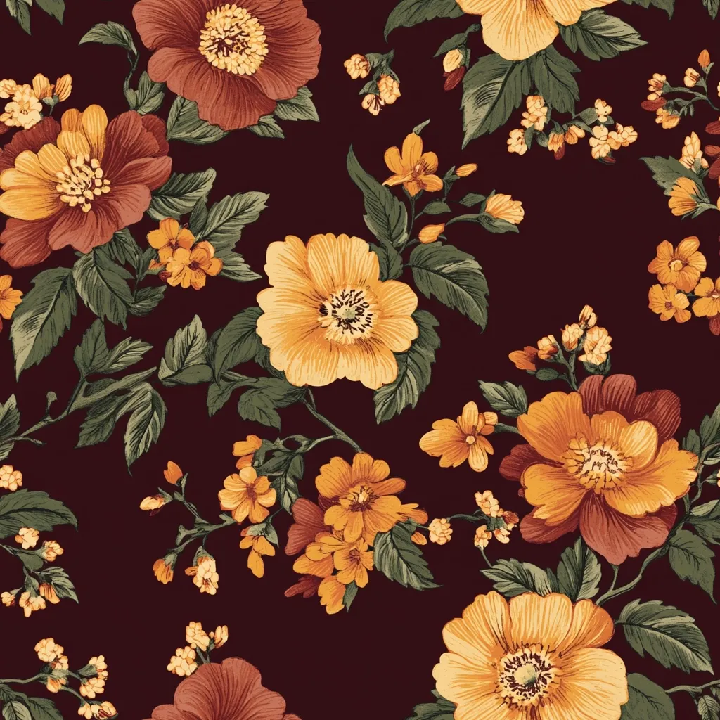 A rich, dark brown background is adorned with a repeating pattern of large, stylized flowers in shades of burnt orange and golden yellow.  Smaller, clustered blossoms fill the spaces between the larger blooms.  The flowers have a slightly vintage, hand-drawn aesthetic with detailed petals and leaves, creating a lush and romantic floral print. The overall effect is opulent and warm.