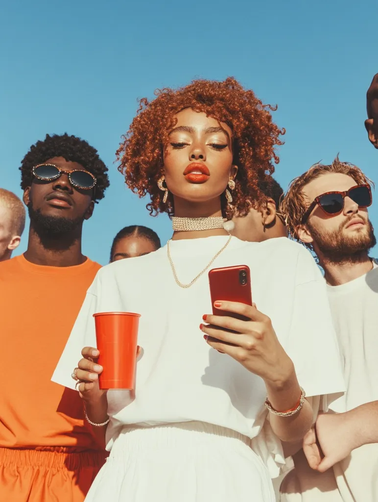 A young woman with vibrant red curly hair stands at the center, checking her phone. She's surrounded by a diverse group of friends, some wearing sunglasses.  The woman holds a red plastic cup and wears a white outfit, gold jewelry, and red nail polish.  The setting is outdoors under a bright blue sky, suggesting a sunny and cheerful atmosphere.  The overall mood is youthful and energetic.