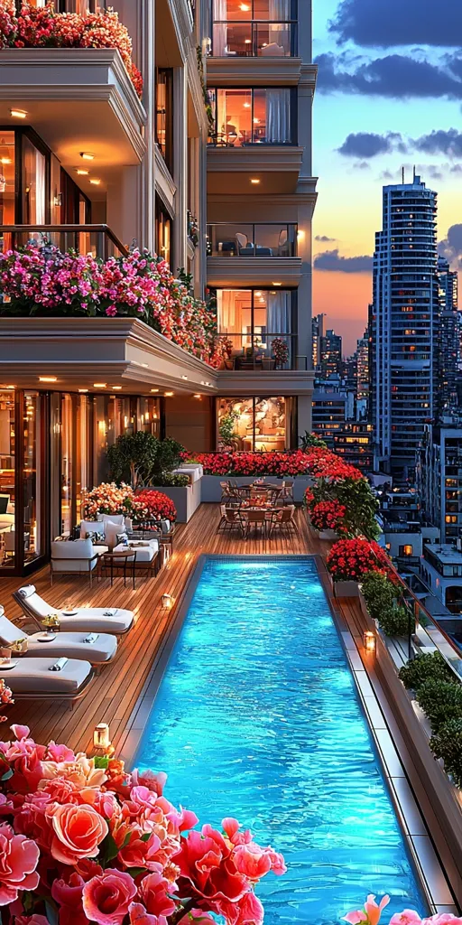 A luxurious penthouse apartment boasts a stunning private pool and deck.  The outdoor space is beautifully landscaped with vibrant flowers, and offers comfortable lounge furniture.  Warm lighting illuminates the apartment's elegant design, overlooking a cityscape at sunset. The scene is peaceful and opulent, showcasing a high-end lifestyle.