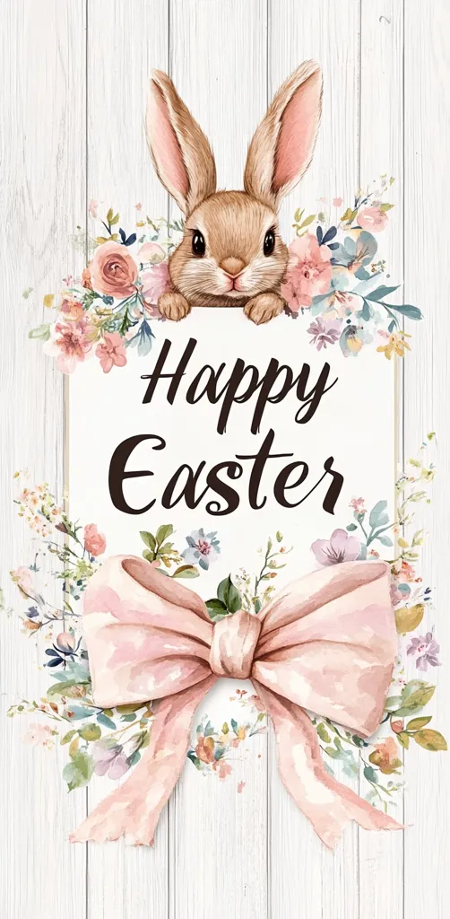 A watercolor illustration for Easter features a cute bunny peeking over a floral arrangement.  A delicate pink bow sits below a white sign reading "Happy Easter." Pastel-colored flowers and greenery surround the bunny and sign, creating a charming and festive design against a white wood background.  The overall style is soft, romantic, and perfect for spring.