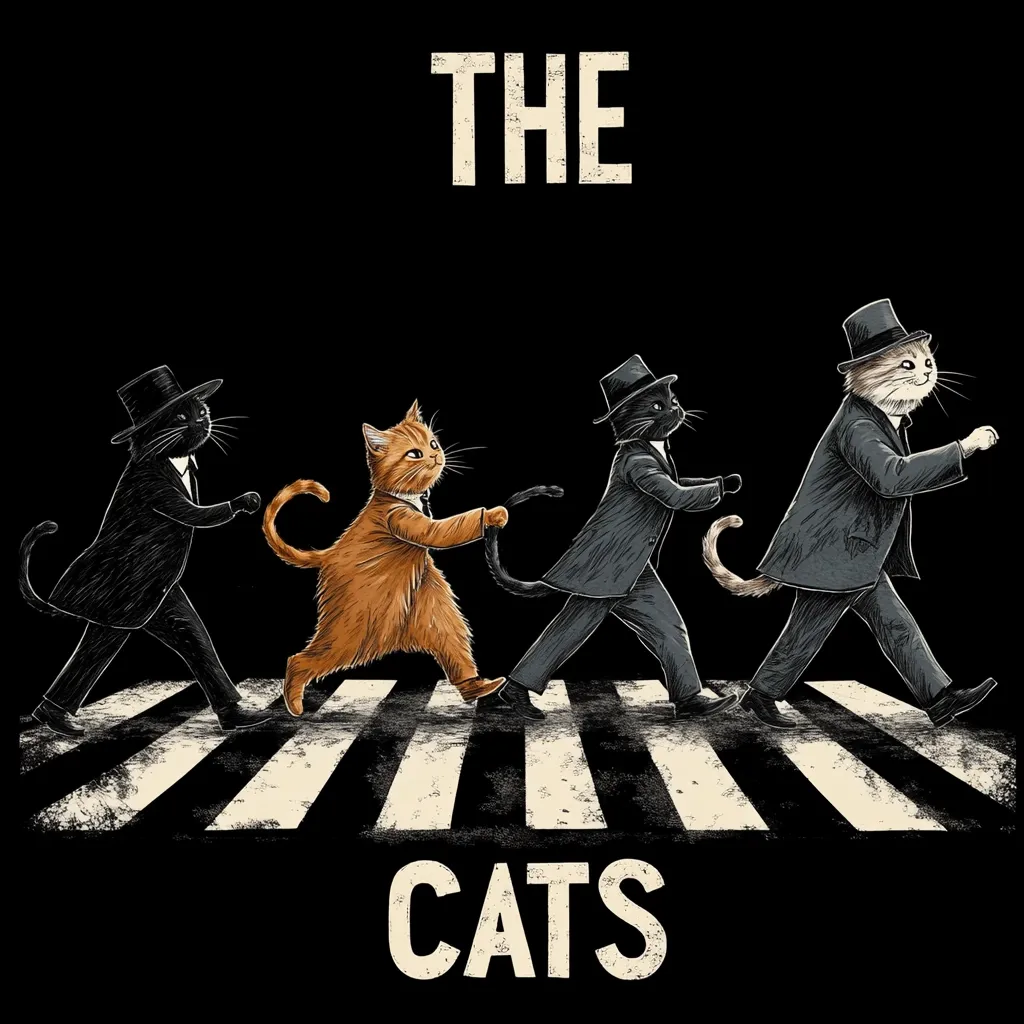 Four cats, dressed in suits and top hats, cross a pedestrian crossing in a parody of the Beatles' Abbey Road album cover.  The orange cat leads the pack, flanked by two black cats. The title "The Cats" is displayed above and below the image, creating a playful and humorous design.