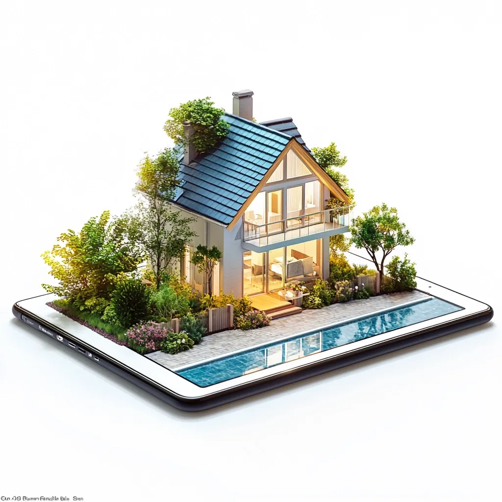 A miniature two-story house with a blue roof sits on a tablet.  The house is surrounded by lush landscaping, including trees and a swimming pool.  The home is illuminated from within, giving it a warm and inviting feel.  The image suggests the convenience of online property searching or virtual home tours.  The overall aesthetic is clean and modern.