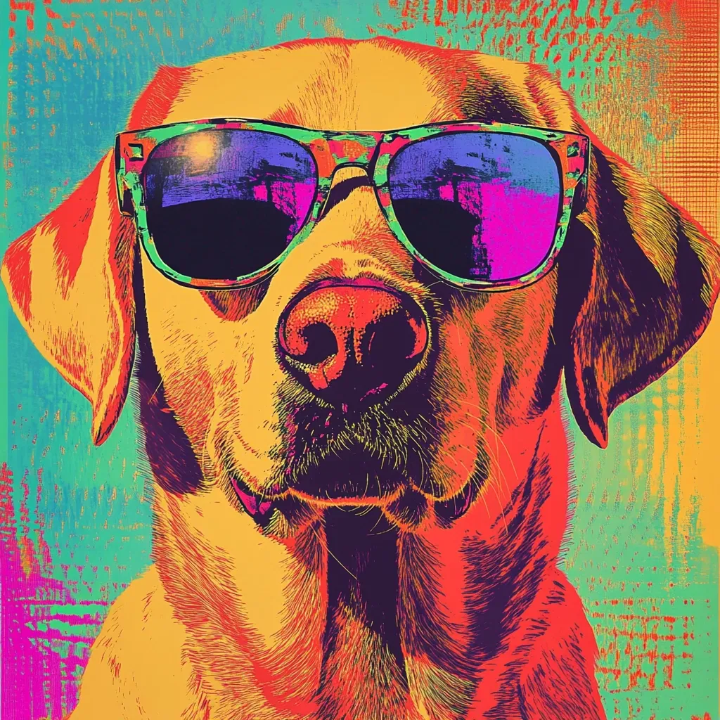 A vibrant, pop-art style portrait of a yellow Labrador Retriever. The dog is depicted wearing oversized, colorful sunglasses, its fur rendered in warm oranges and reds against a textured, teal and pink background. The image uses bold outlines and saturated colors, creating a striking and playful effect. The dog's expression is calm and confident, enhancing the overall mood of the artwork.