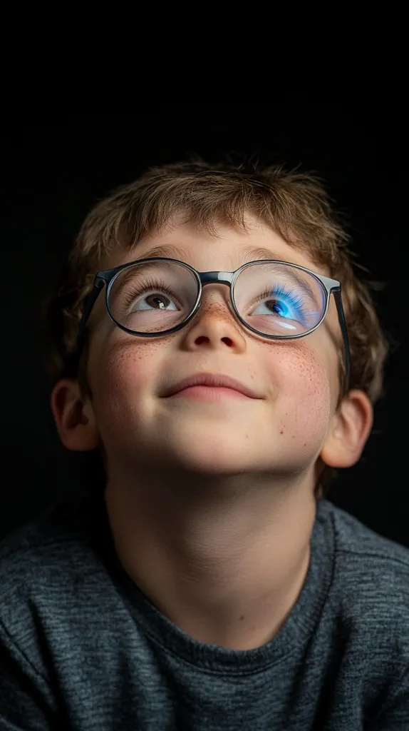 Close-up portrait of a freckled boy with short brown hair, wearing round eyeglasses. He's looking upward, his expression is thoughtful and serene.  His gaze is directed towards an unseen point above him. He is wearing a dark gray crew neck shirt against a black background. The image focuses on his face and features, highlighting his youthful innocence.