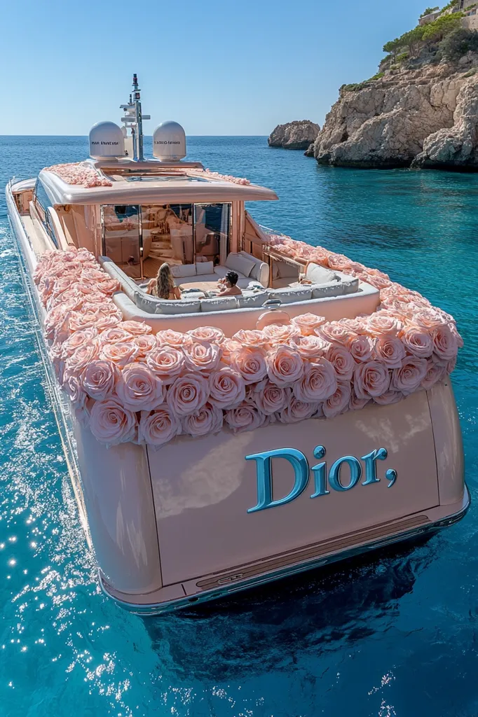 A luxurious, blush-pink yacht, adorned with a lavish display of pale pink roses, floats in a tranquil turquoise cove.  The stern of the boat displays the word "Dior," signifying a high-end, stylish aesthetic. Two individuals relax on the deck, enjoying the idyllic scenery of the clear water and rocky coastline.  The overall impression is one of opulence and serenity.
