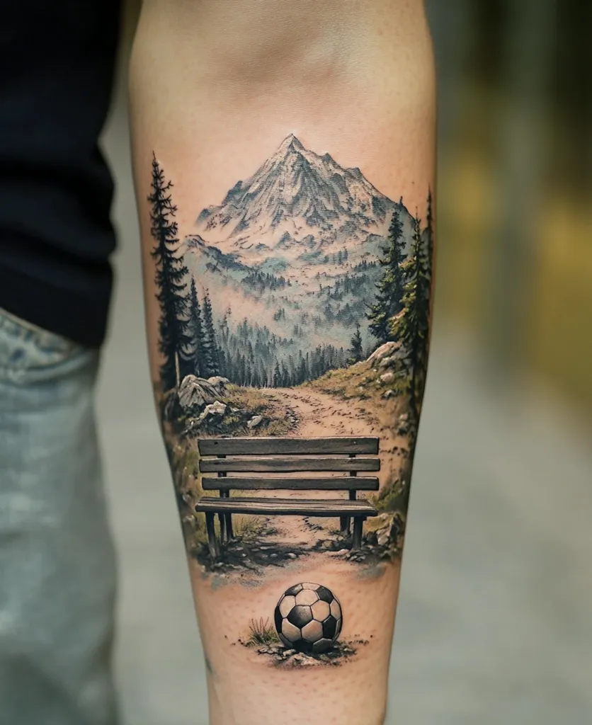 A highly realistic forearm tattoo depicts a serene mountain landscape.  A dirt path winds towards a majestic snow-capped peak, flanked by evergreen trees. A simple wooden bench sits along the path, with a soccer ball resting at its base, adding a touch of unexpected detail to the otherwise tranquil scene. The tattoo's artistry creates a stunning visual narrative.