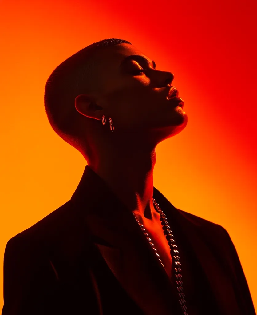 A close-up silhouette of a person with a shaved head, wearing a dark blazer and a chunky chain necklace.  Their head is tilted back, eyes closed, against a vibrant orange background. The lighting creates a dramatic, almost ethereal effect, highlighting the subject's features and the texture of their clothing. The overall mood is intense and stylish.