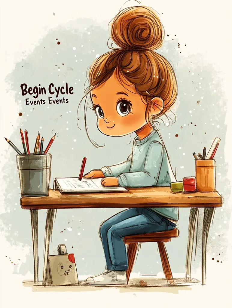 An adorable cartoon girl with her hair in a bun sits at a small wooden desk, diligently writing.  Colored pencils and paints are nearby.  The image has a soft, watercolor-like style and includes the text "Begin Cycle Events Events," suggesting a theme of beginnings and creative processes.  The overall feeling is one of childhood innocence and artistic exploration.