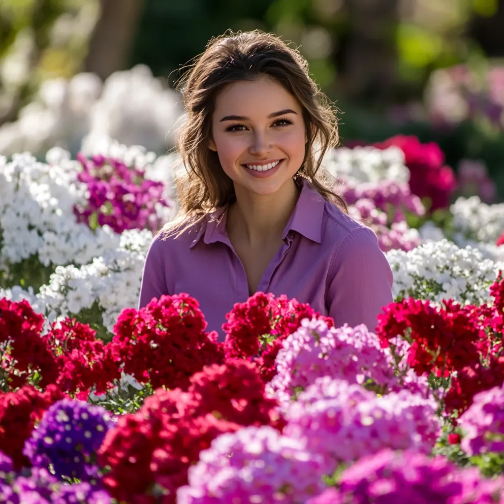 A young woman with long brown hair smiles warmly.  She's wearing a lavender shirt and is surrounded by a vibrant array of colorful flowers, predominantly shades of pink, purple, and red. The setting appears to be a sunny garden, with a blurred background suggesting a natural, outdoor environment.  Her expression is cheerful and inviting.