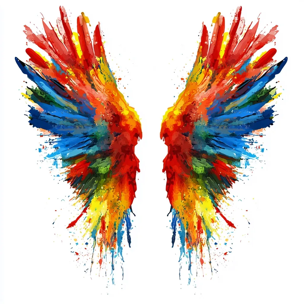 A vibrant pair of wings, rendered in a dynamic watercolor style, explodes with color.  Reds, oranges, yellows, blues, and greens blend and splash, creating a sense of movement and freedom.  The individual feathers are suggested through the paint strokes, conveying a powerful and energetic image. The white background enhances the vividness of the colorful wings.