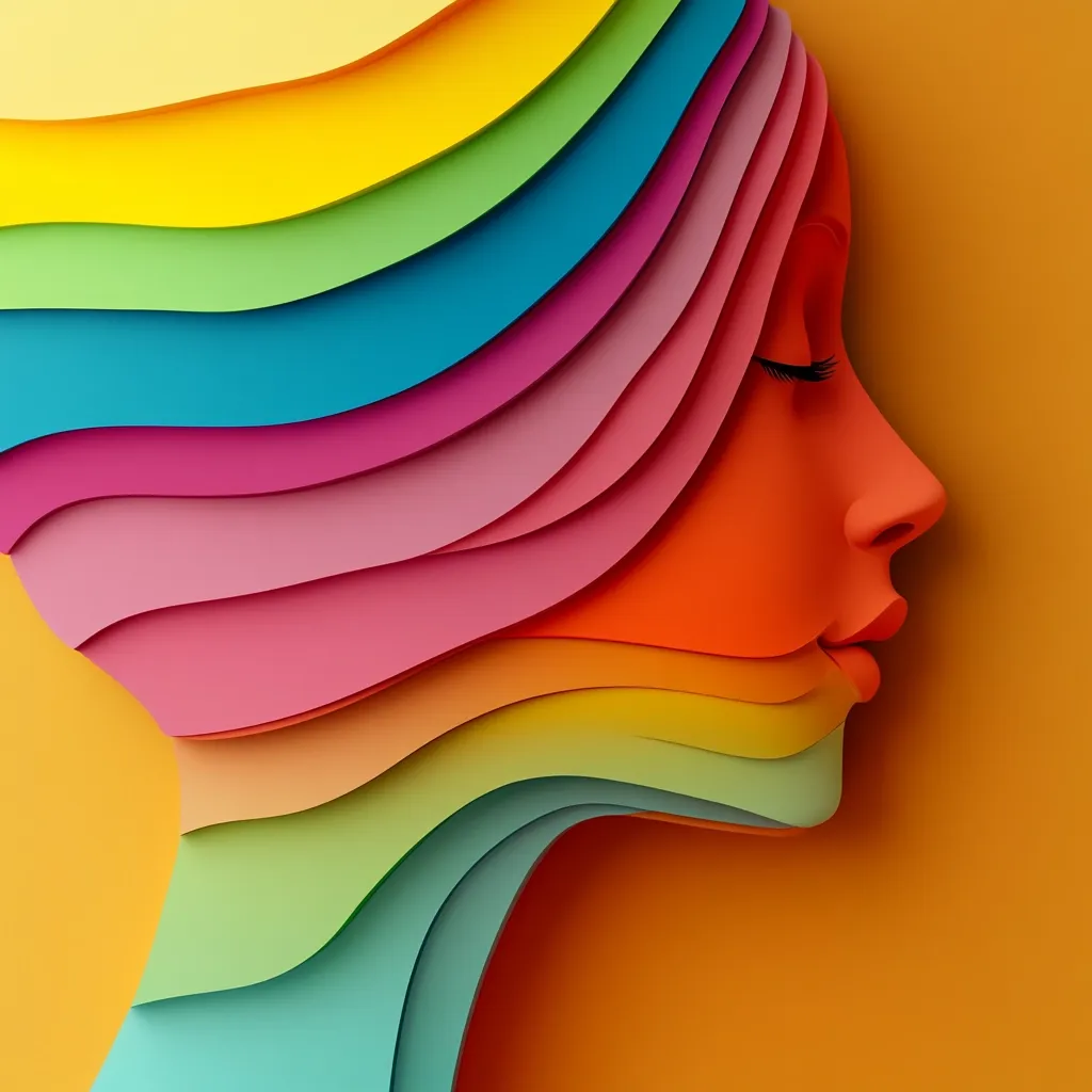 A vibrant, stylized profile of a woman's face is depicted.  Her hair is represented by layered, flowing bands of color mimicking a rainbow, creating a visually striking contrast against the solid orange background. The image employs a paper-cut aesthetic, suggesting depth and texture through the overlapping hues. The overall effect is one of colorful abstraction and artistic expression.