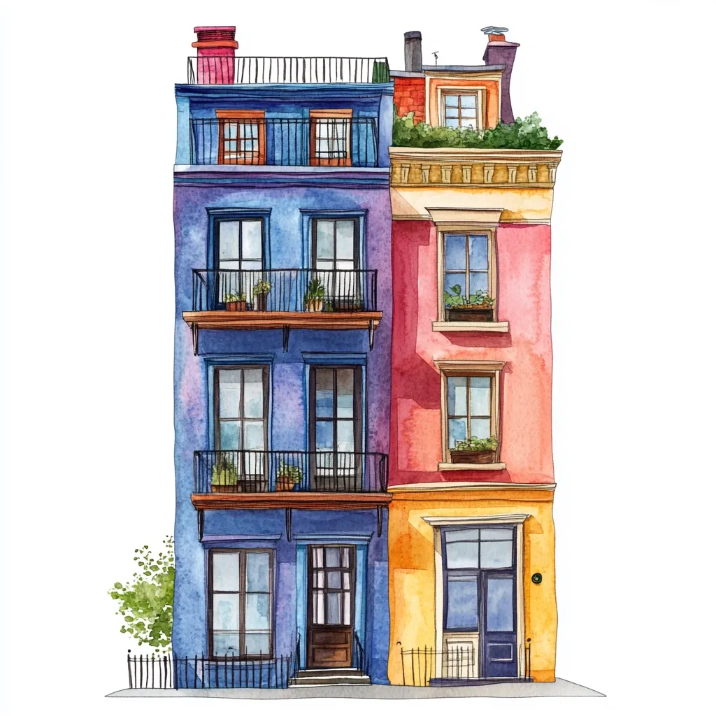 A watercolor painting depicts a charming three-story building, split into two distinct sections.  One side is a vibrant blue with black balconies adorned with potted plants, while the adjacent section transitions from coral pink to a sunny yellow at the ground floor. Both sections feature large windows and charming architectural details, creating a picturesque urban scene.  A small rooftop garden adds a touch of greenery.