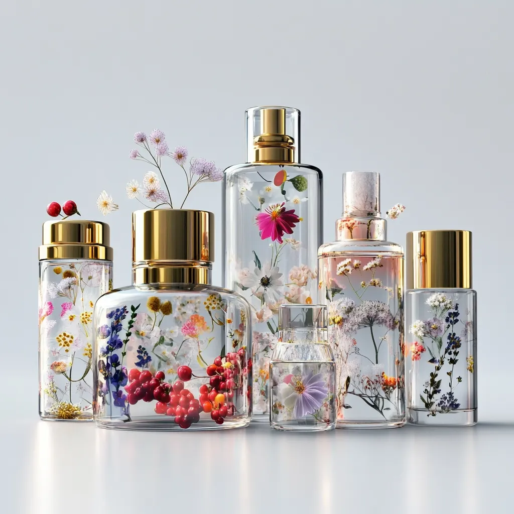 Five elegant perfume bottles, varying in size and shape, are arranged on a reflective surface. Each bottle is made of clear glass, showcasing pressed flowers and berries within the liquid. Gold accents on the caps and necks add a luxurious touch. The arrangement evokes a sense of delicate beauty and natural fragrance.  The bottles are set against a simple, light grey background.