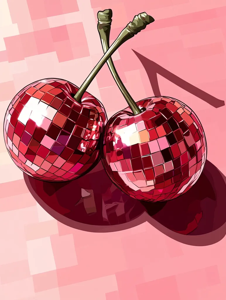 Two cherries, rendered in a vibrant pink and red disco ball design, are depicted on a pixelated pink background.  Their stems are intertwined, creating a playful and stylish image. The glossy surface of the cherries reflects light, adding to their dazzling effect. The overall aesthetic is bold, graphic, and slightly surreal.
