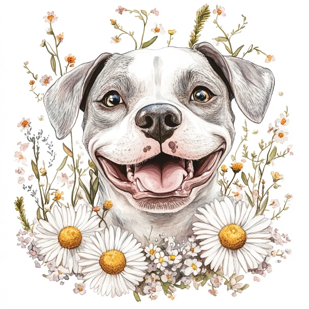 A watercolor painting depicts a happy American Staffordshire Terrier's head and shoulders, framed by a vibrant wreath of daisies and wildflowers. The dog's expression is joyful, its mouth open in a wide, friendly smile, revealing a pink tongue.  The gray and white fur is delicately rendered, contrasting beautifully with the bright white petals and yellow centers of the flowers. The overall style is charming and whimsical.