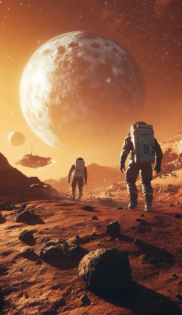 Two astronauts traverse a desolate, red planet's surface, their backs to the viewer.  A large, cratered moon dominates the sky, casting a warm, orange glow. A spaceship hovers in the distance, suggesting a recent arrival or departure.  The scene evokes a sense of exploration and isolation in a harsh, alien landscape.