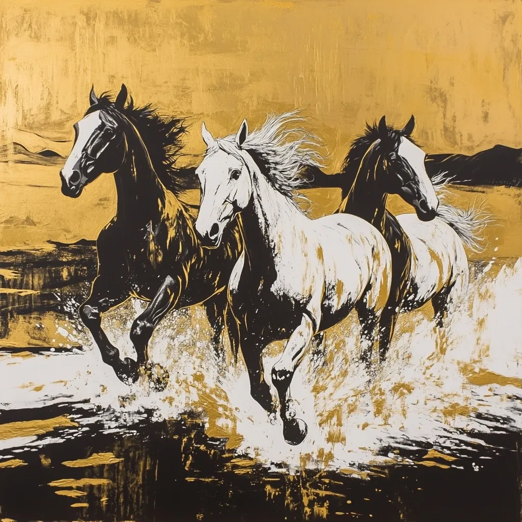 A dynamic painting depicts three horses galloping through water, their manes and tails flowing. One horse is white, the others black. The background is a rich gold, contrasting sharply with the black and white horses.  The splashing water adds to the sense of movement and energy, creating a powerful and visually striking image. The style is bold and expressive, using strong contrasts and textures.