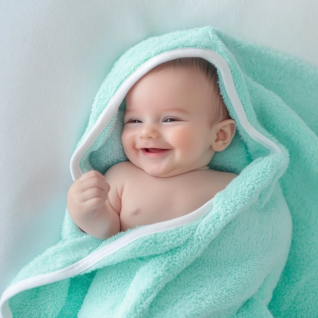 A happy baby is snuggled in a light teal hooded towel.  The infant's face is visible, showcasing a joyful smile. The soft, textured towel provides warmth and comfort. The overall image evokes feelings of contentment and the innocence of newborns.  The scene is bright and clean, emphasizing the baby's radiant happiness.
