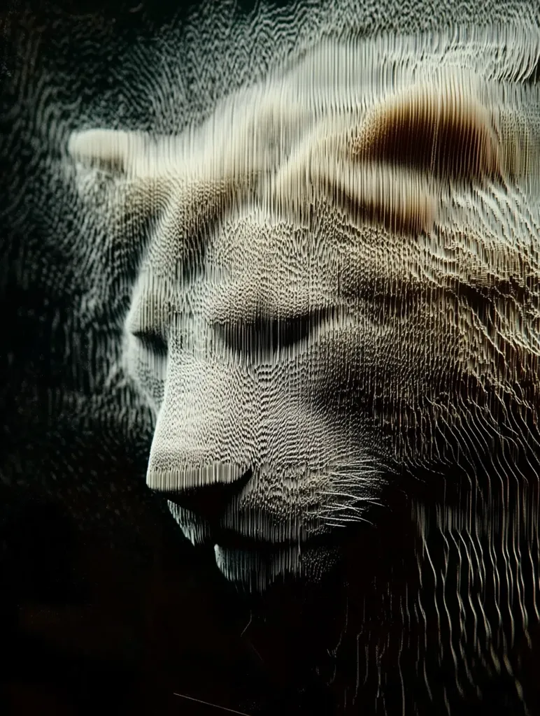 A stylized close-up of a cat's face, rendered in a digital, almost glitching aesthetic.  The image uses a textured, fragmented style, giving the cat's fur a three-dimensional, layered appearance.  The overall effect is dark and moody, with the cat's features softly defined against a black background. The texture resembles a low-poly 3D model or a highly pixelated image.