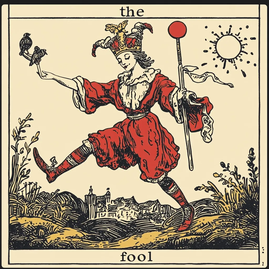 A stylized illustration depicts "The Fool" from a tarot deck.  A jester figure, clad in red, strides confidently, a staff in hand, birds perched on an outstretched arm.  A sun shines brightly above; a small town rests in the background.  The Fool's clothing is detailed, his expression serene. The overall style is reminiscent of vintage woodcuts or engravings.