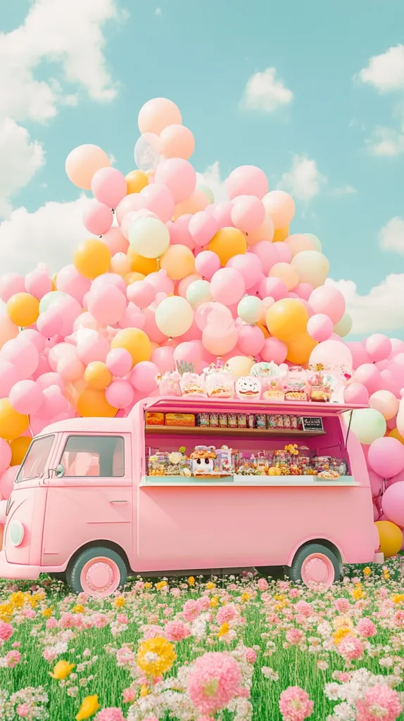 A pink vintage van, stocked with colorful candies and treats, sits in a field of flowers.  Behind it, a massive display of pastel-colored balloons creates a whimsical, dreamy backdrop against a light blue sky. The overall scene is cheerful and evokes a sense of childlike wonder and sweetness.