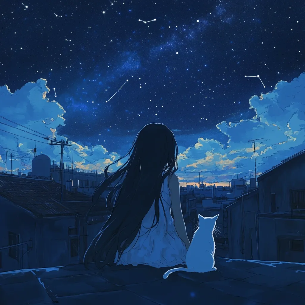 A young girl with long dark hair sits on a rooftop, accompanied by a white cat.  They gaze out at a breathtaking night sky filled with stars and shooting stars above a cityscape. The scene is serene and melancholic, bathed in shades of blue and purple. The overall mood is peaceful and contemplative.