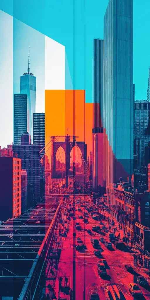 A vibrant, stylized cityscape featuring the New York City skyline.  Bold, contrasting colors of teal, orange, and magenta dominate the image, creating a dynamic, almost abstract effect. The Brooklyn Bridge is visible, framed by towering skyscrapers and a busy street below filled with cars.  The artistic style uses geometric layering and color blocking to emphasize the urban density and energy.