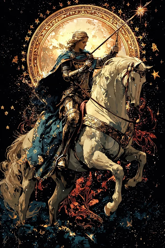 A female knight in shining armor, adorned with a flowing blue cape, rides a majestic white horse against a backdrop of a dark, starlit cosmos.  She wields a spear, pointed towards a bright star, within a golden celestial frame.  The overall style is reminiscent of fantasy art, imbued with rich, opulent details. The scene is dramatic and powerful, suggesting a journey or heroic quest.
