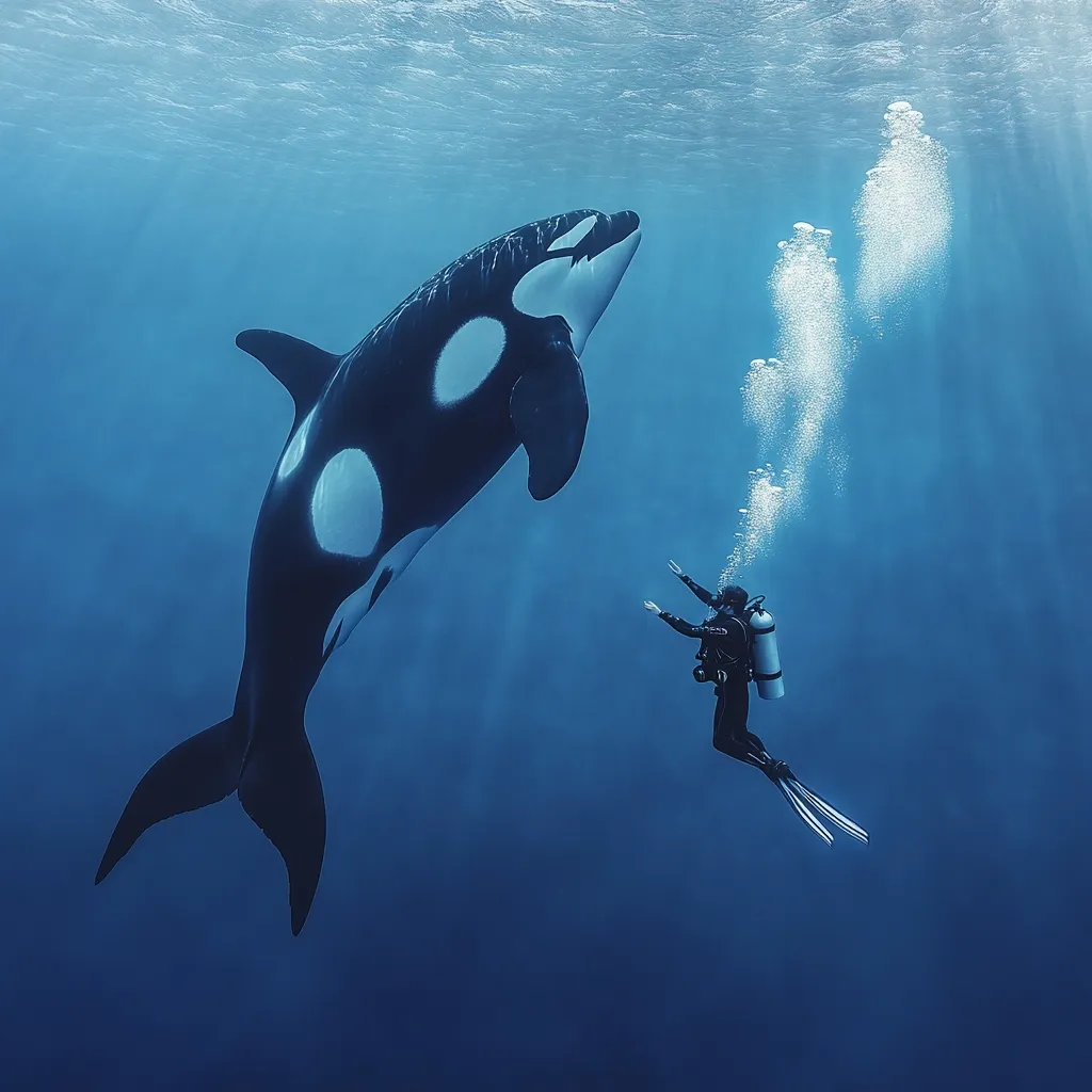 A scuba diver, seemingly interacting with a large orca, is captured in this underwater photograph.  The orca, predominantly black with distinctive white patches, is positioned vertically in the water.  The diver, equipped with scuba gear, floats gracefully, their arms outstretched towards the majestic creature. The scene is bathed in a serene, deep blue light, creating a captivating image of marine life and human interaction.