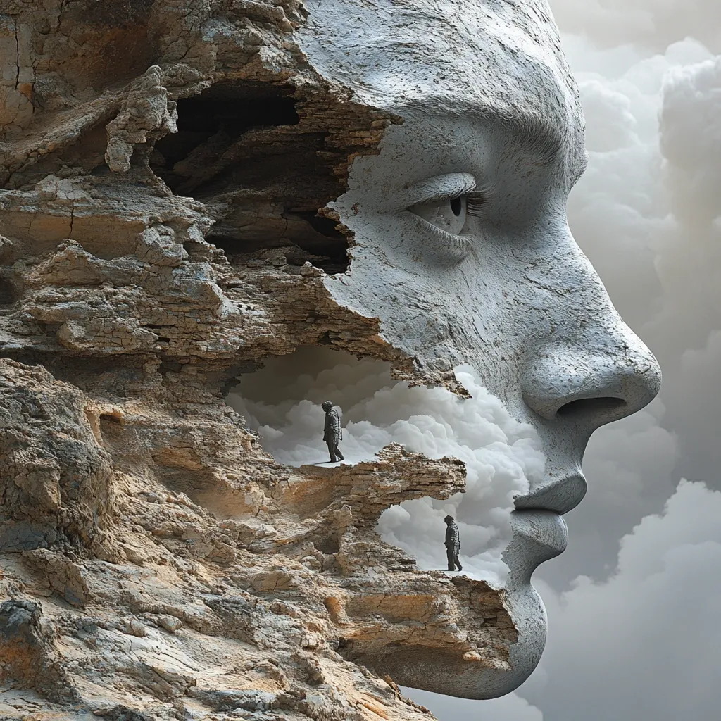 A colossal, weathered stone face, its features eroded and fragmented, reveals a cavernous interior.  Two small figures, dwarfed by the immense sculpture, traverse a ledge within the face's profile.  Clouds fill the hollowed-out space, creating a surreal and dreamlike atmosphere against a cloudy sky. The image evokes themes of introspection, scale, and the passage of time.