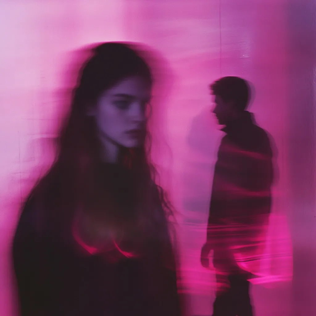 A blurry image of a young woman with long dark hair, standing slightly in front of a man.  Both figures are out of focus, bathed in a vibrant pink light that creates a dreamy, ethereal effect.  The overall mood is suggestive of mystery and perhaps emotional distance between the two individuals. The background is a smooth, untextured pink wall.