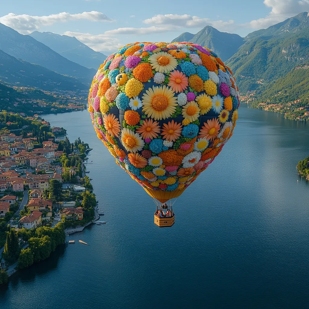 A vibrant hot air balloon, adorned with a profusion of colorful artificial flowers, floats serenely over a picturesque lake nestled amidst majestic mountains.  The balloon's design is eye-catching, a stunning contrast to the tranquil blue water and verdant hillsides.  A small village lines the shoreline, adding to the idyllic scene. The breathtaking panorama suggests a tranquil and unforgettable hot air balloon experience.