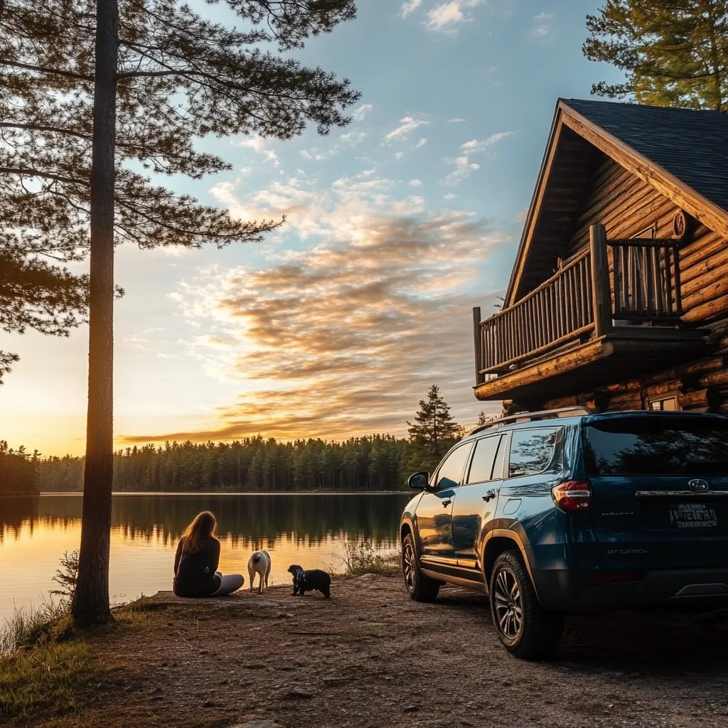 A woman sits by a calm lake at sunset, watching her three dogs.  A dark blue SUV is parked near a rustic log cabin with a balcony overlooking the water.  The scene is peaceful and idyllic, showcasing a tranquil lakeside getaway in a forested area. The golden hour light bathes the landscape in warm tones.