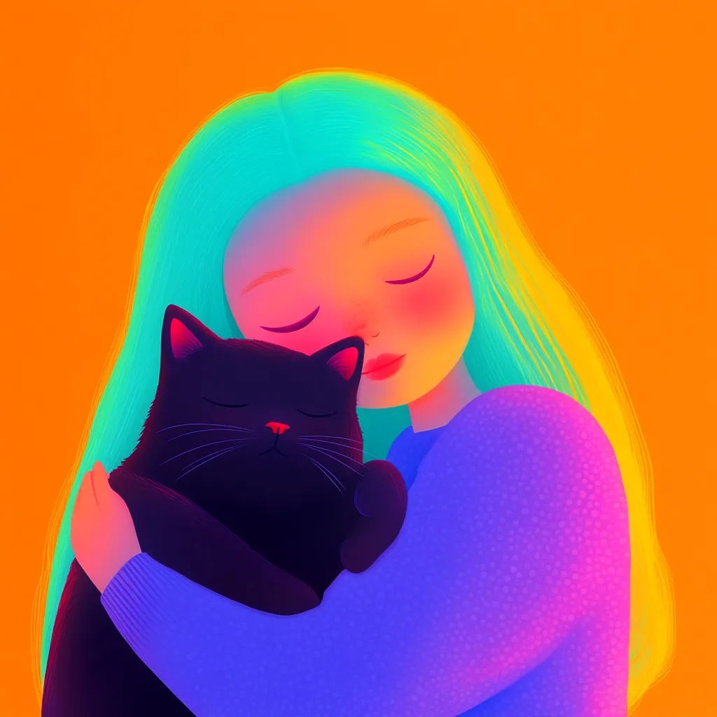 A vibrant illustration depicts a girl with teal hair, her eyes closed, embracing a black cat.  The girl's sweater and the cat are rendered in a spectrum of neon purple and blue hues against a bright orange background. The overall style is soft and dreamy, conveying a sense of peace and affection between the girl and her pet.  The image has a stylized, almost painterly feel, with a focus on color and mood.