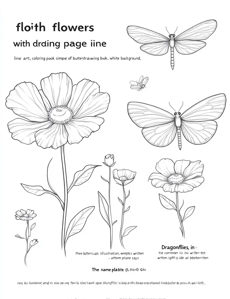 This coloring page features line art illustrations of flowers and dragonflies.  The main focus is a large cosmos flower, accompanied by smaller versions and other floral details.  Two dragonflies and a smaller insect are also depicted. The style is simple, suitable for coloring, with a white background.  The text includes a title and notes about the illustrations.