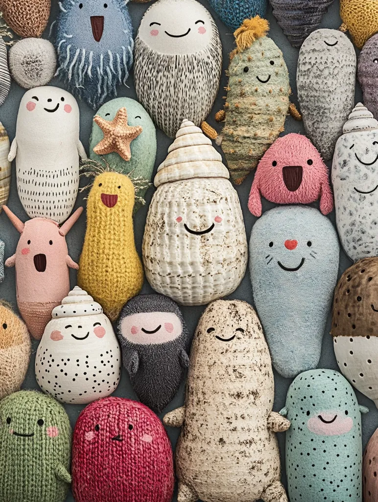 A collection of charming, handcrafted creatures resembling sea creatures and natural elements.  They are predominantly knitted or sculpted, each with a smiling face and unique textures.  The group includes shells, starfish, and various whimsical characters in muted pastel colors, creating a cozy and playful scene.  The overall style is soft and inviting.