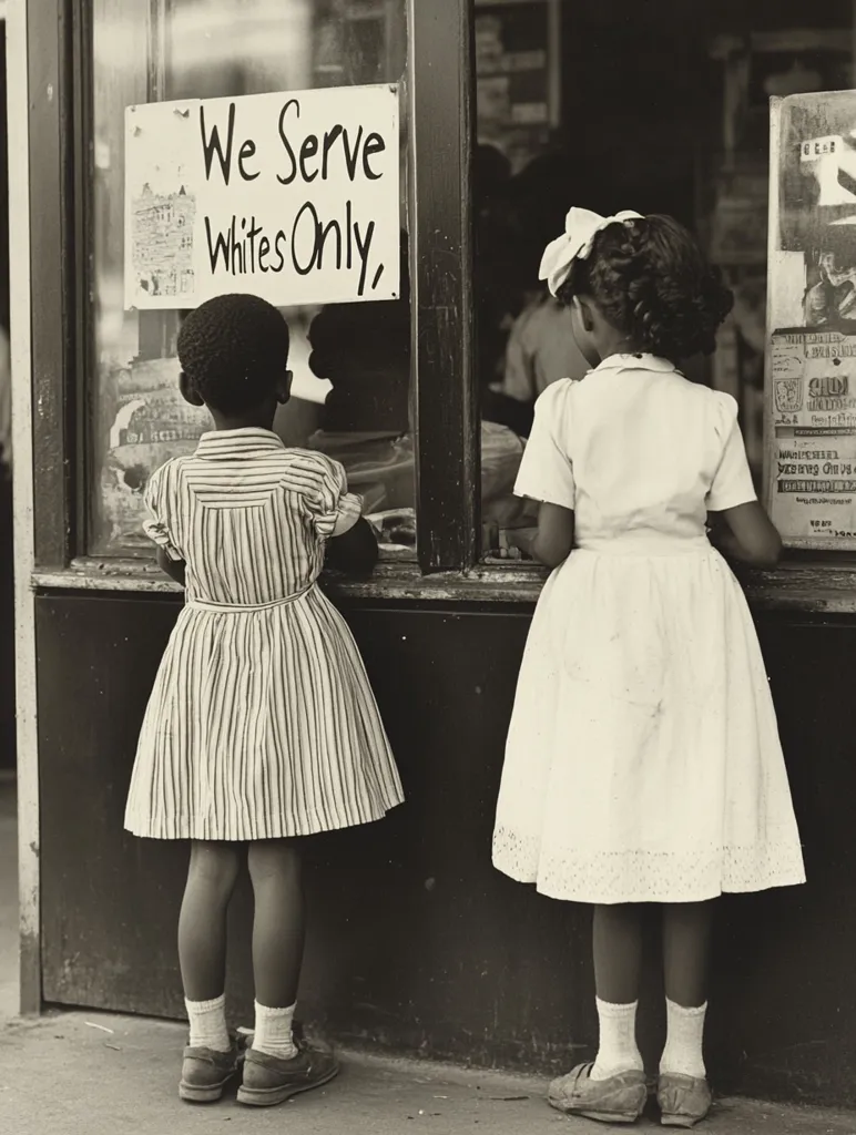 A poignant black and white photograph depicts two young Black girls standing before a store window displaying a "Whites Only" sign.  The girls, dressed in dresses, gaze at the sign, silently conveying the injustice of segregation.  The image captures a stark moment of racial inequality in the past.