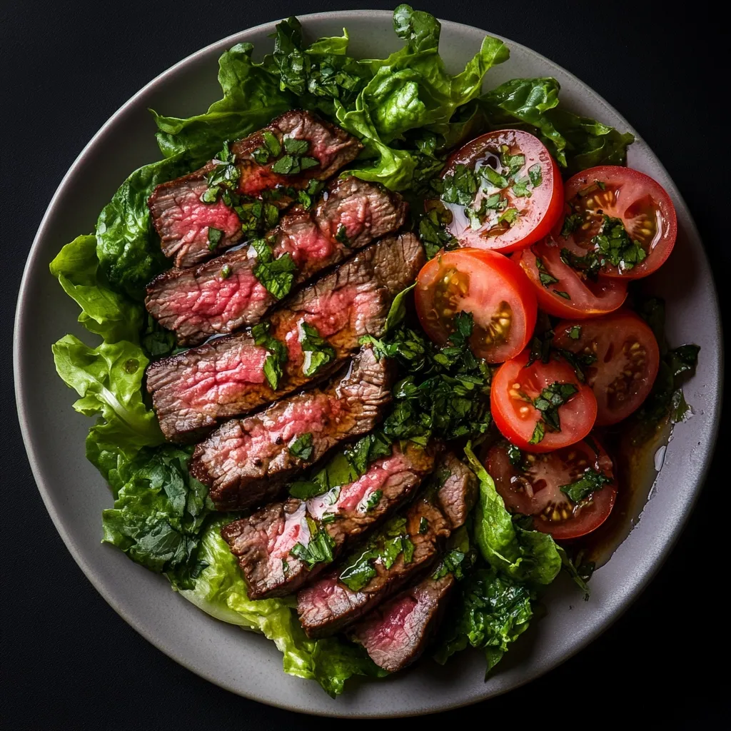 A gray plate holds a vibrant salad featuring sliced grilled steak, arranged atop a bed of fresh lettuce.  Sliced tomatoes, generously drizzled with a dark dressing and scattered with fresh herbs, complement the steak.  The presentation is visually appealing, showcasing a delicious and healthy meal.
