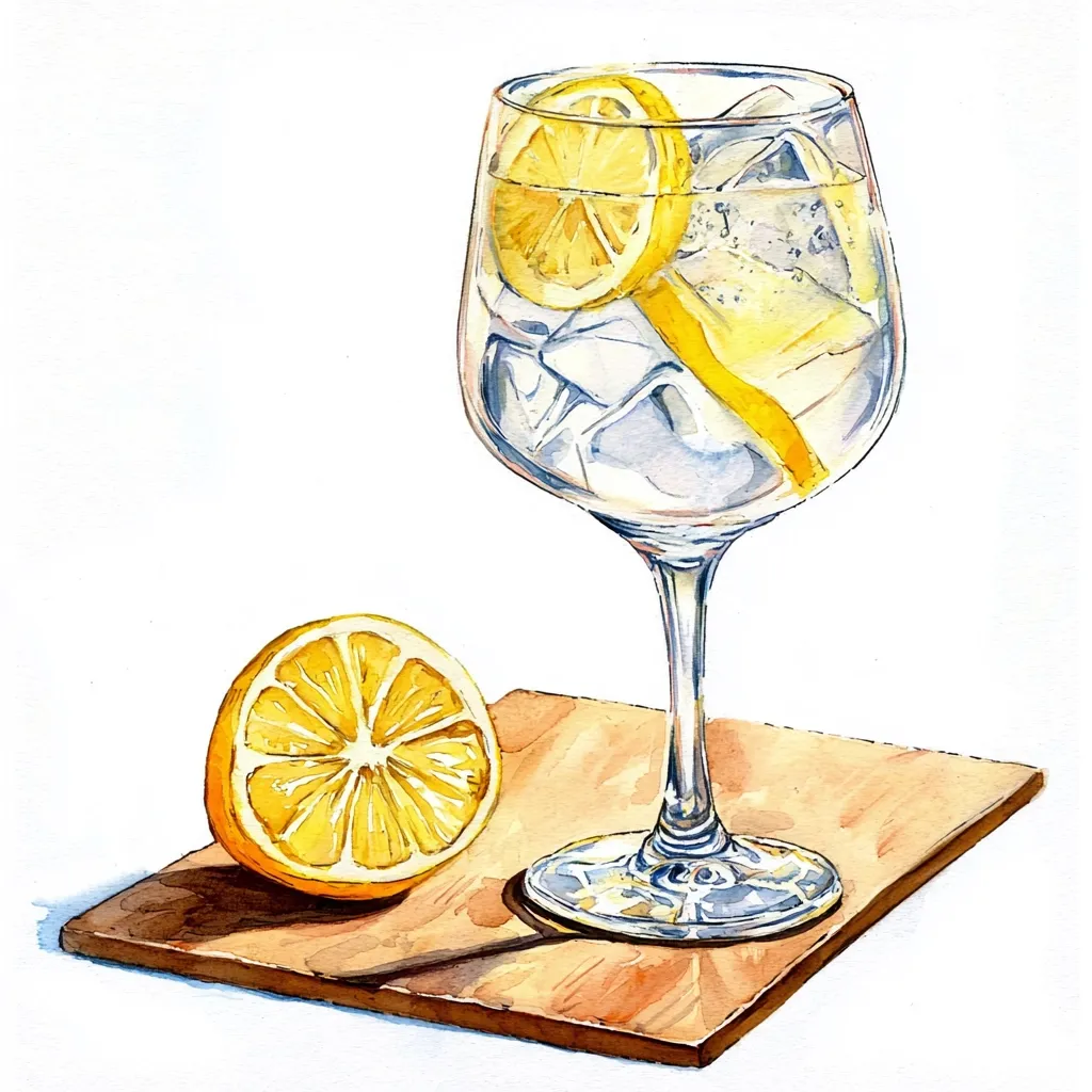 A watercolor painting depicts a gin and tonic cocktail.  A wine glass filled with ice and tonic water is garnished with a lemon slice.  A lemon half rests on a light brown wooden coaster next to the drink. The sunlight casts a shadow under the glass and coaster. The overall style is bright and refreshing.