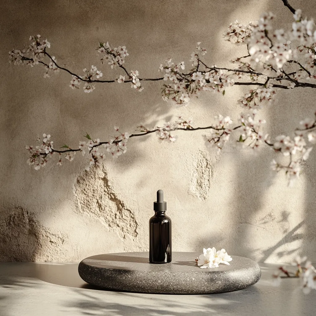 A dark glass dropper bottle sits on a gray stone platform, adorned with delicate white blossoms.  The serene scene is set against a textured beige wall, with a blossoming branch gracefully arching overhead. Sunlight casts shadows, creating a minimalist and aesthetically pleasing composition suggestive of natural beauty and skincare products.