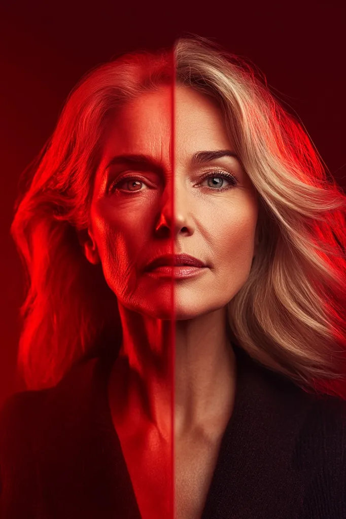 A woman's face is dramatically split, revealing a youthful side contrasted with an older, lined side.  The red lighting accentuates the stark difference, highlighting the effects of time and age. Her blonde hair frames her face, creating a striking visual that explores themes of aging and beauty. The image is sharply focused, with a rich, dark background.