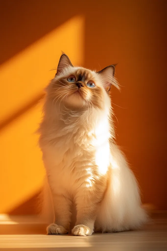 A fluffy Ragdoll kitten sits on a light brown floor against a warm orange wall, bathed in sunlight.  Its long, silky fur is highlighted by the golden light. The kitten looks upward with bright blue eyes, its expression serene and curious.  The overall mood is calm and peaceful.