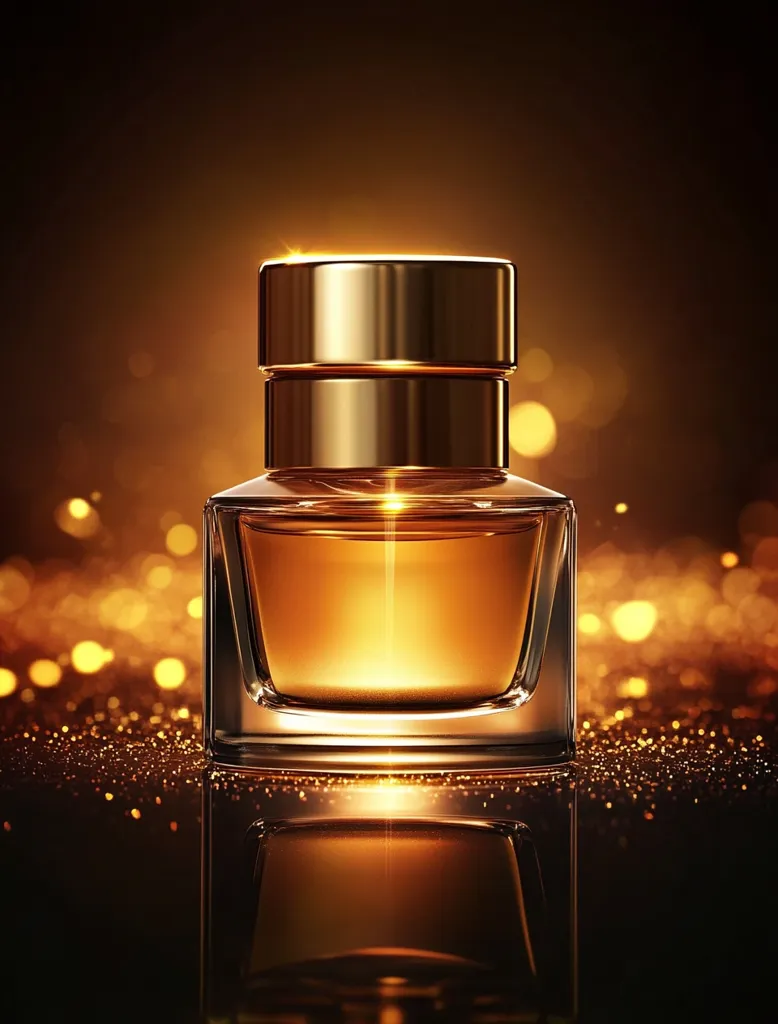 A luxurious amber-colored perfume bottle with a gold cap sits on a dark surface scattered with golden glitter.  The bottle is square with clear glass sides, showcasing the rich liquid inside.  The warm lighting enhances the opulent feel, creating a glamorous and sophisticated aesthetic. The reflection of the bottle adds to the image's luxurious depth.