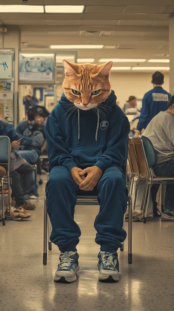 A ginger cat's head is photoshopped onto a human body sitting in a waiting room.  The cat-person wears a dark blue hoodie and matching sweatpants, and light blue sneakers. They sit patiently on a metal chair, their hands clasped in their lap, amidst other waiting individuals. The setting appears to be a public waiting area, possibly a hospital or clinic, with muted lighting and a calm atmosphere.