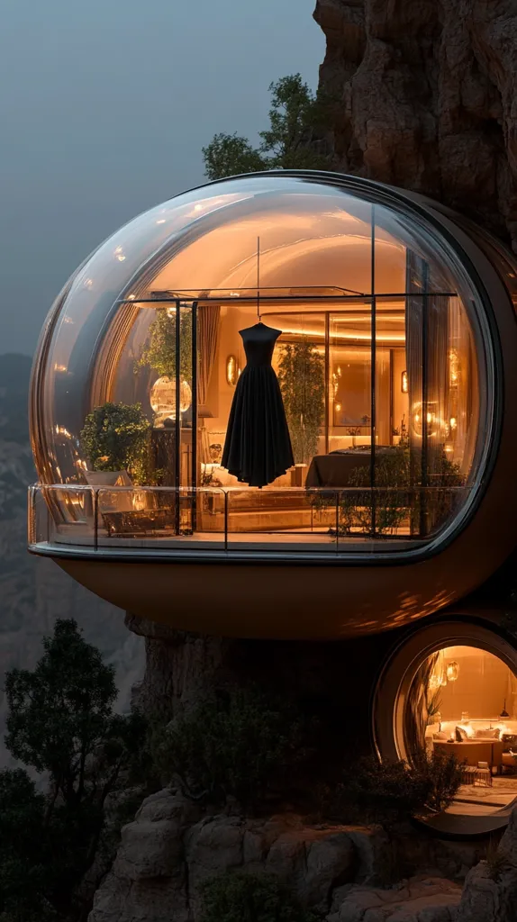 A breathtaking, futuristic home is nestled into a cliffside.  Its transparent, spherical design offers panoramic views.  Inside, warm lighting illuminates a luxurious interior, showcasing a black dress on a mannequin.  The structure seamlessly blends modern architecture with the rugged natural landscape, creating a striking and unique residence.  A smaller, circular window reveals another room within the complex.
