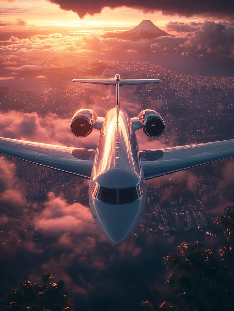 A private jet descends through a layer of clouds, offering a breathtaking view of a sprawling city at sunset.  Mount Fuji is visible in the distance, bathed in the warm glow of the setting sun. The scene is dramatic and serene, capturing the luxury and adventure of private air travel.  Palm trees are visible below, hinting at a tropical destination.